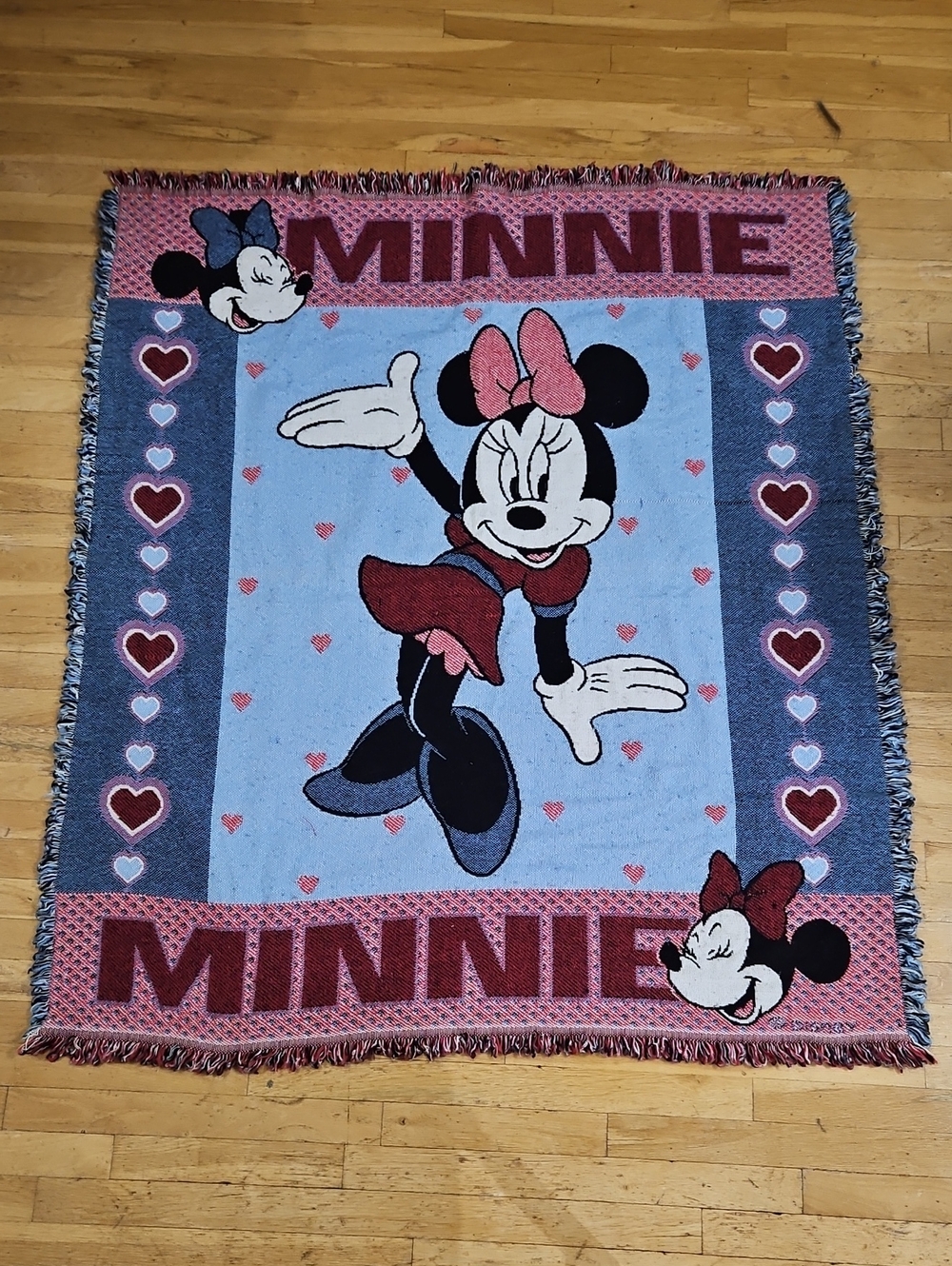 Vintage 90s Disney Minnie Mouse Woven Tapestry Throw Blanket Hearts Fringe